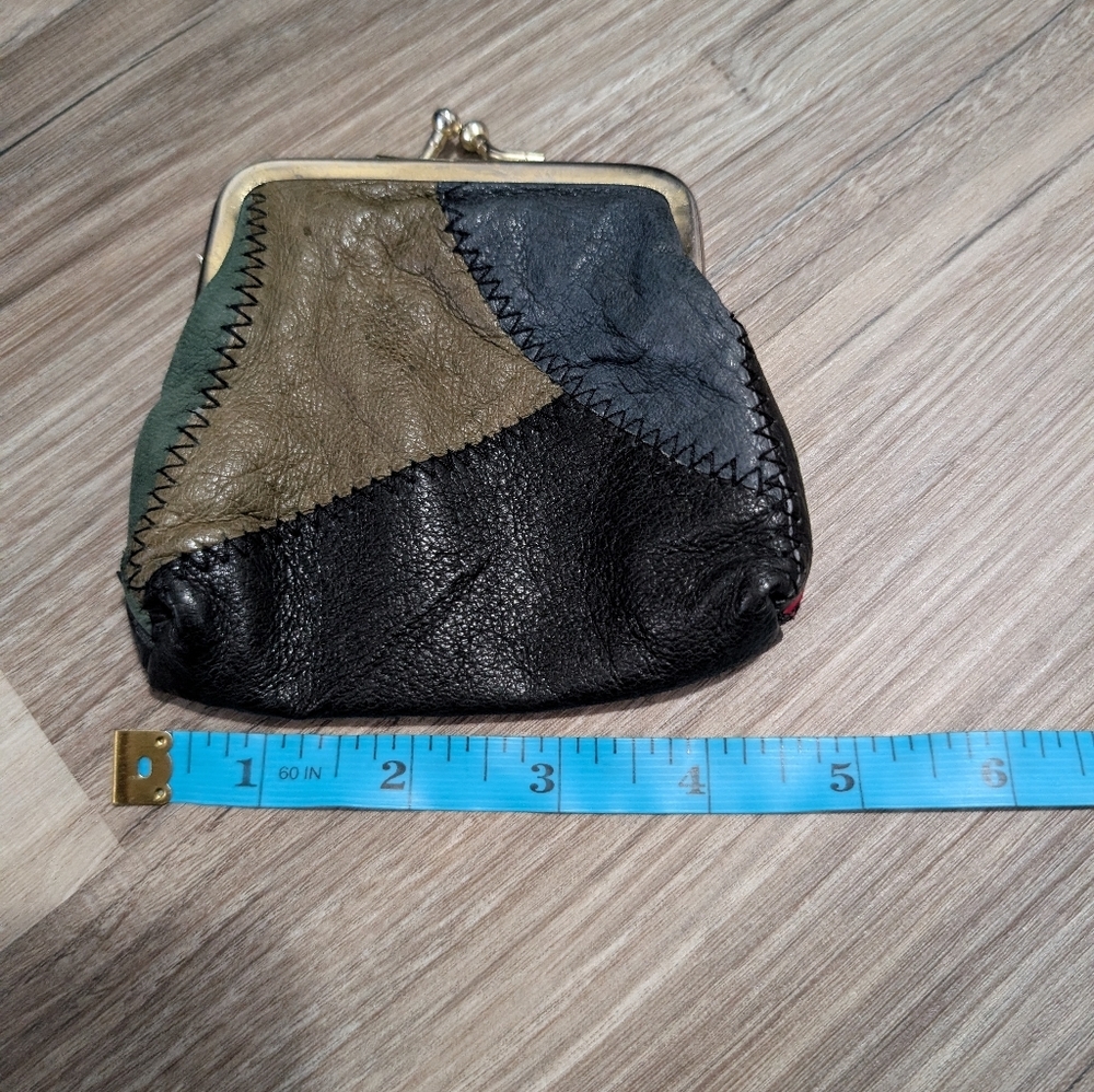 Vintage, Genuine Leather, Patchwork Coin Purse, Kiss Lock Closure, Gold